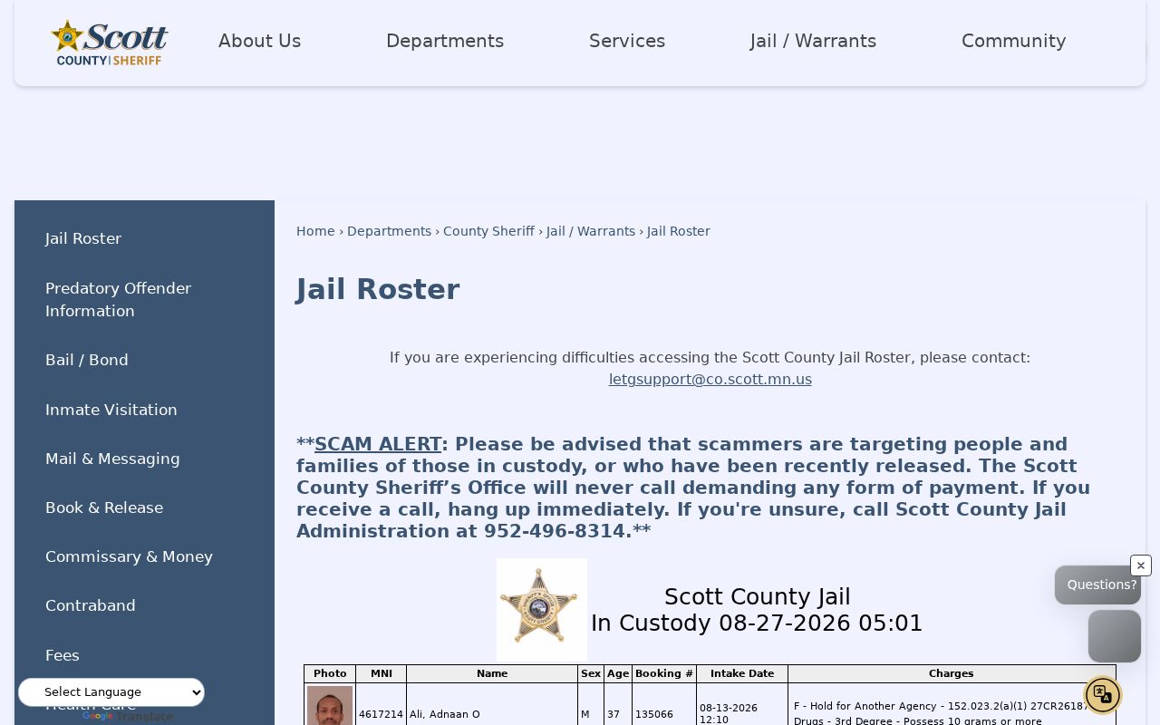 Shakopee residents directory Scott County jail roster warning